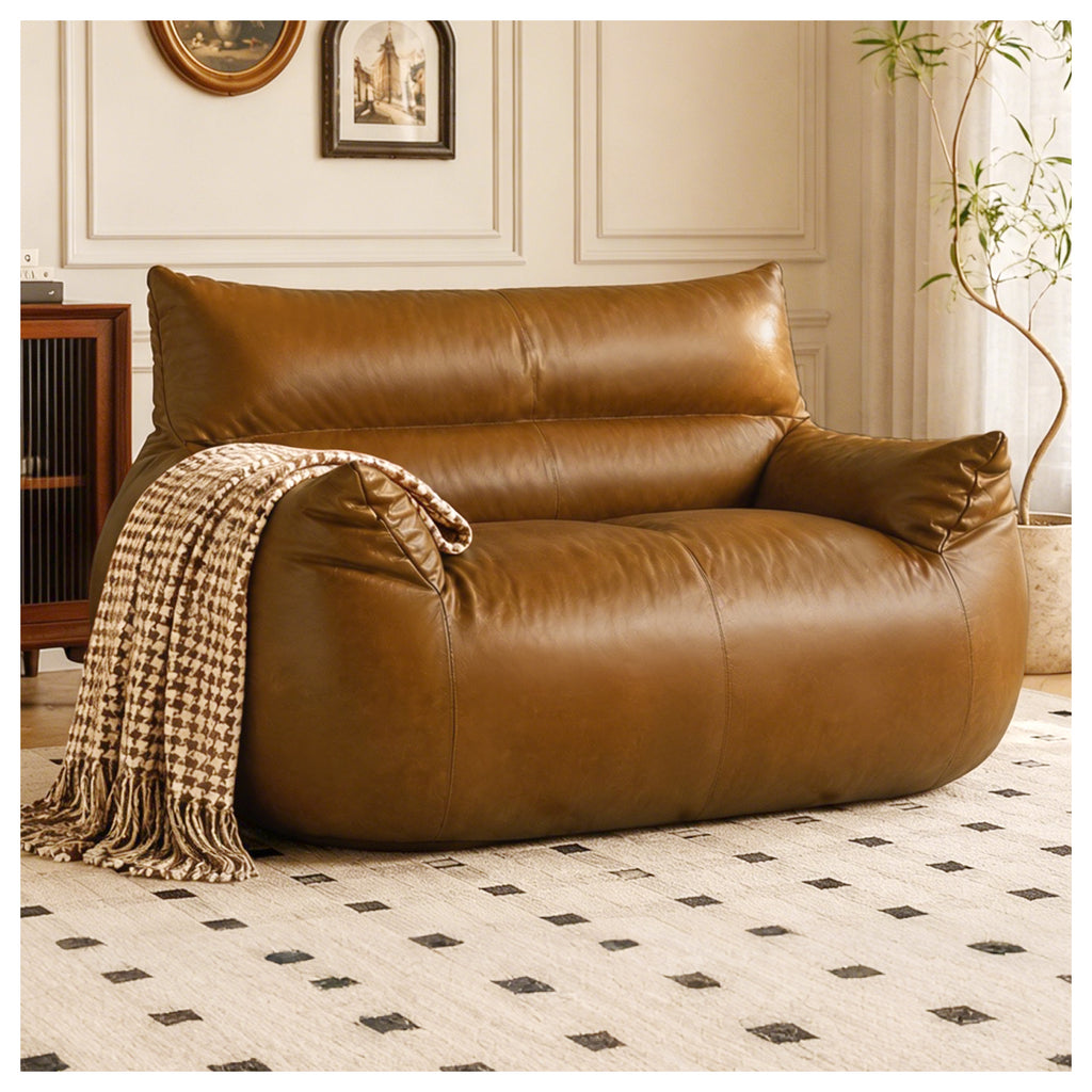 AEELLEEA 2-Seater Bean Bag Sofa, Faux Leather Loveseat with Foam Filling, Backrest and Armrests, Brown