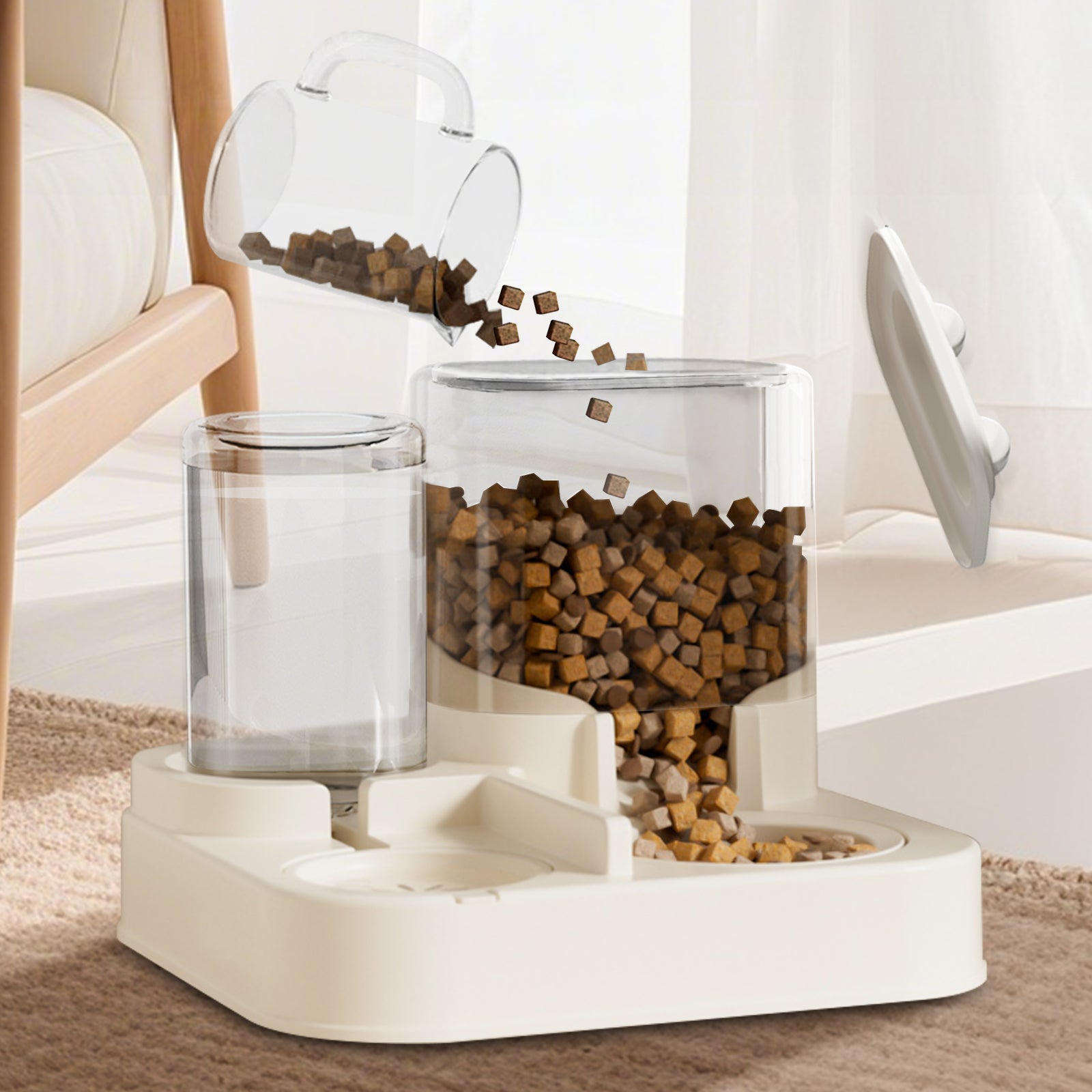 2-in-1 Automatic Pet Feeder and Water Dispenser, Transparent Food and Water Bowl, Self Refilling Pet Feeding Station