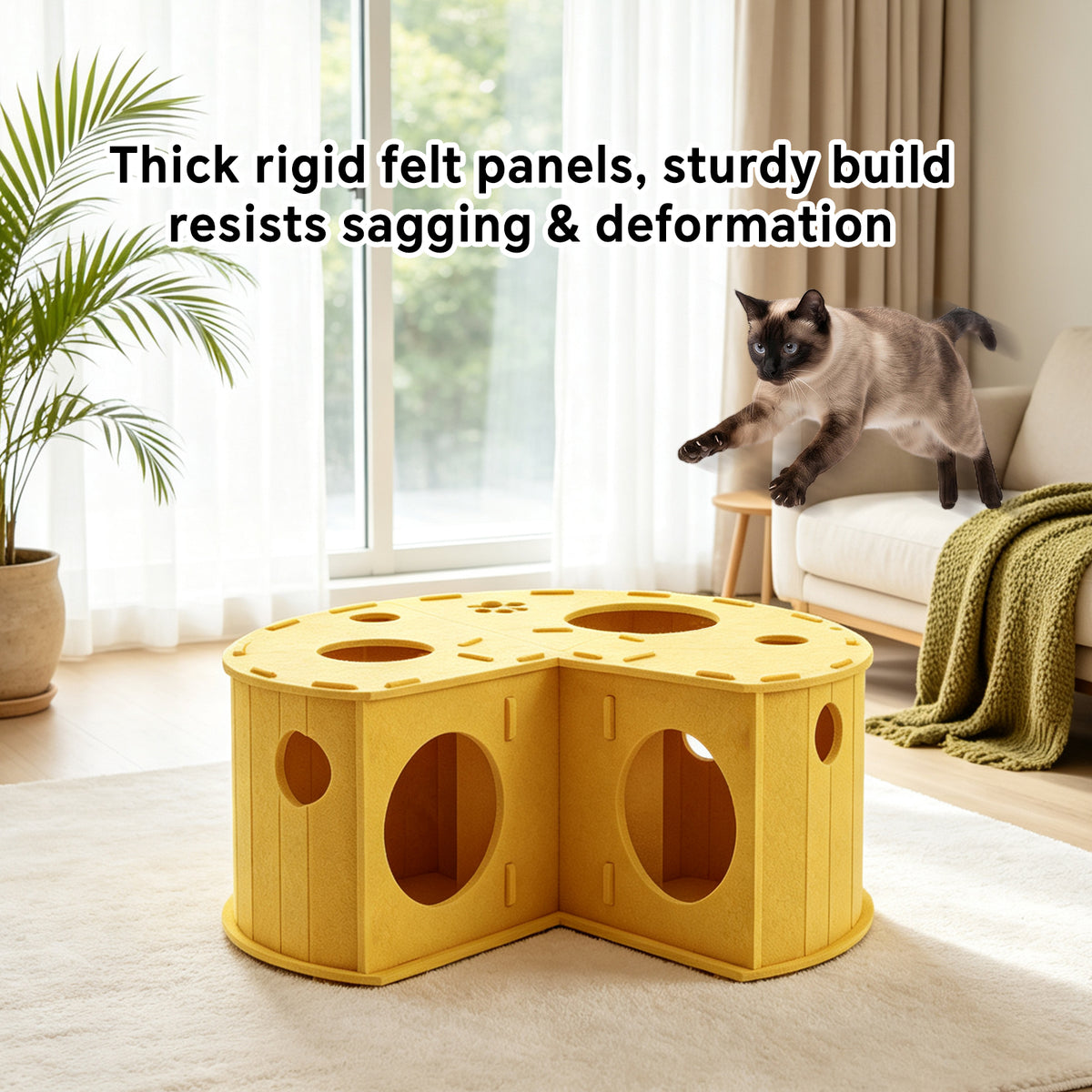 Felt Cat Tunnel Bed with Scratcher and Interactive Hanging Toy Ball, Cheese-Shaped Cat Tunnel House for Play, Rest & Hideaway