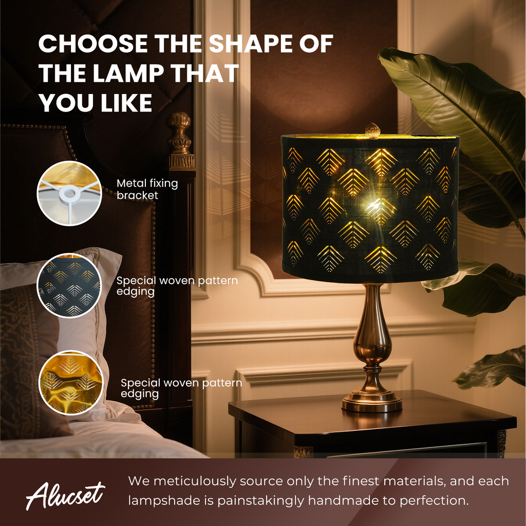 ALUCSET 2-Pack Black Drum Lamp Shades 13"×10", Cutout Pattern with Gold Lining, Spider Fitter Replacement Shades for Table & Floor Lamps