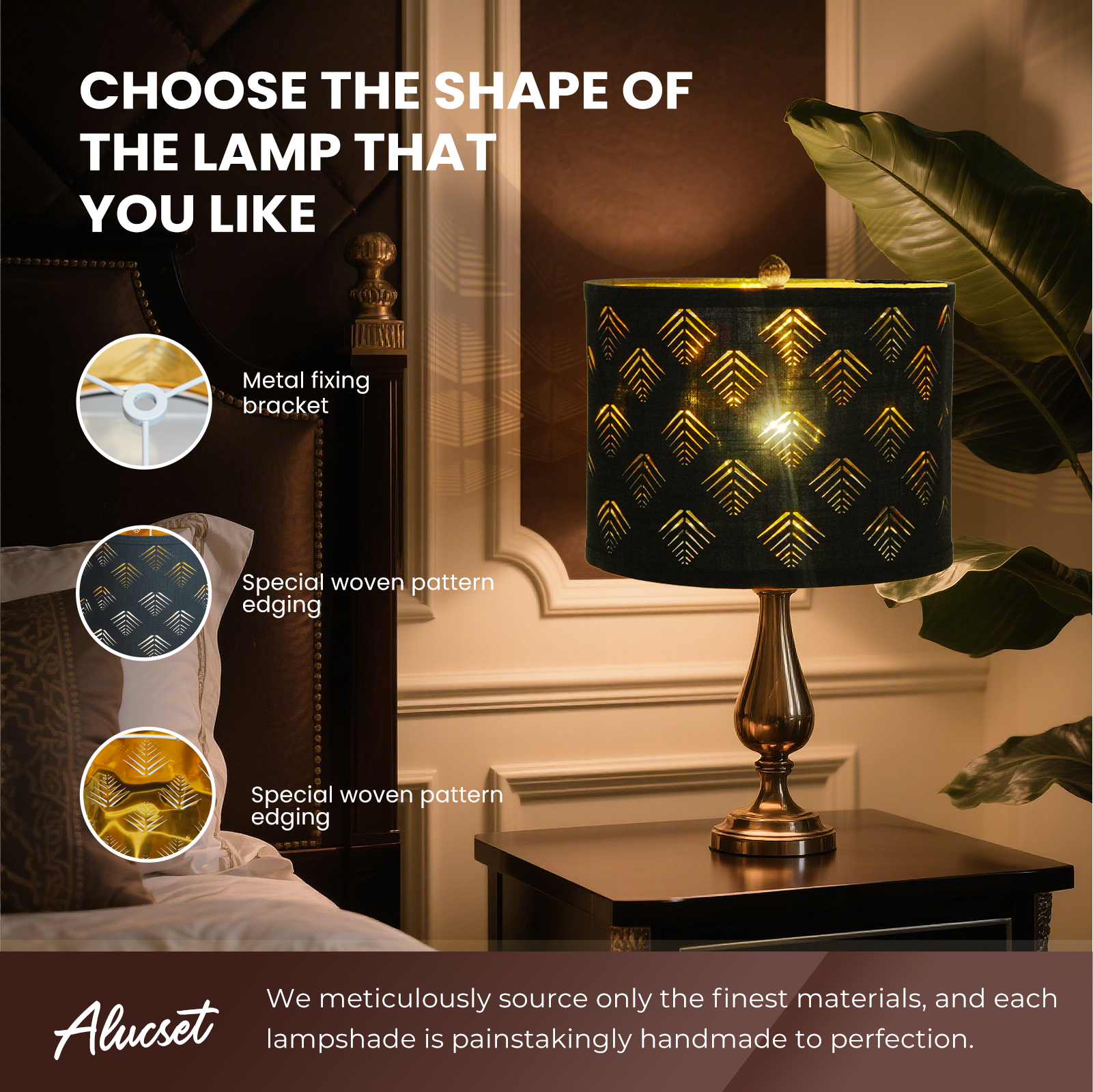 ALUCSET 2-Pack Black Drum Lamp Shades 13"×10", Cutout Pattern with Gold Lining, Spider Fitter Replacement Shades for Table & Floor Lamps