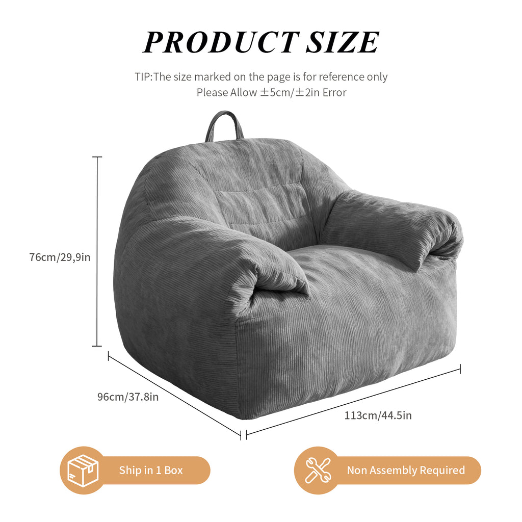 AEELLEEA 44.5" Oversized Bean Bag Chair, Corduroy Lounge Sofa with Armrests, High-Density Foam, Gray
