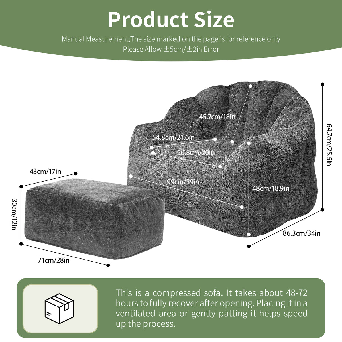 AEELLEEA Dark Grey Sparkling Plush Bean Bag Chair with Ottoman, Ergonomic Curved Sofa, High Density Sponge for Bedroom Living Room