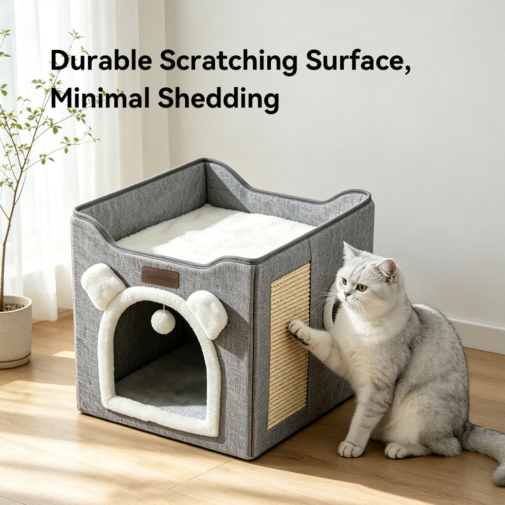 3-in-1 Foldable Cat House with Sisal Scratch Pad & Hanging Toy, Enclosed Cat Cave Bed and Elevated Cat Condo for Indoor Cats