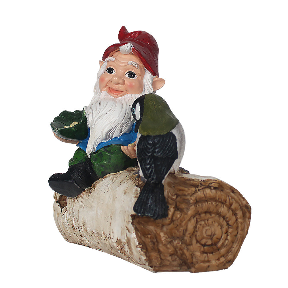 Garden Gnome Statue Feeding Bird on Birch Log, Resin Outdoor Dwarf Figurine Bird Feeder, Weatherproof Decor for Yard, Lawn, Patio, Cute Ornament Gift for Garden Lovers