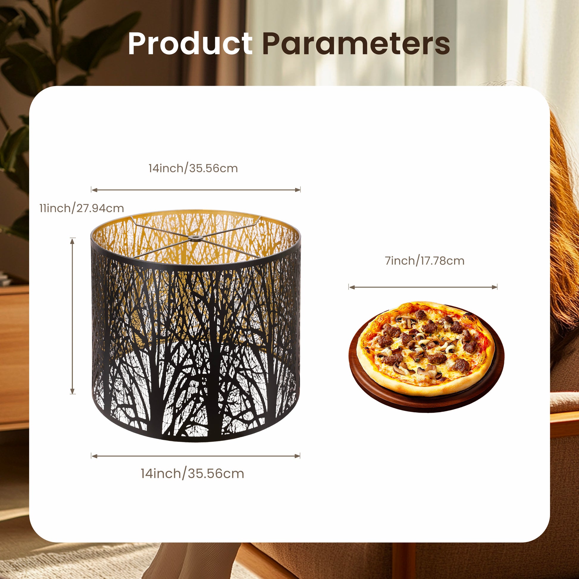 ALUCSET 14"×11" Drum Metal Lamp Shade, Black Gold Forest Etched Tree Shadow Lampshade with Spider Fitter for Table, Floor & Pendant Lights