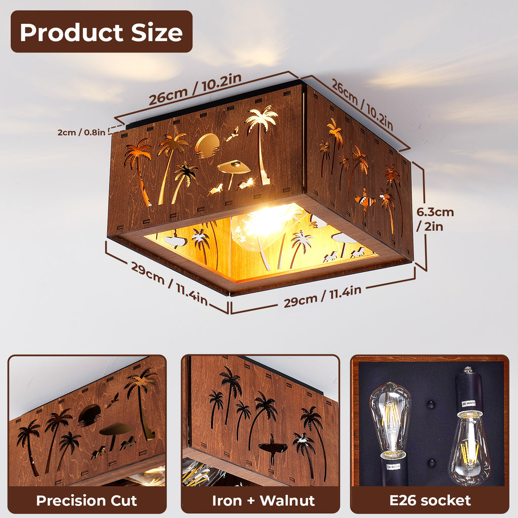 Square Walnut Flush Mount Ceiling Light, Tropical Palm Tree Cutout Wood Iron Ceiling Lamp with E26 Socket, Vintage Rustic Ceiling Light for Bedroom Hallway