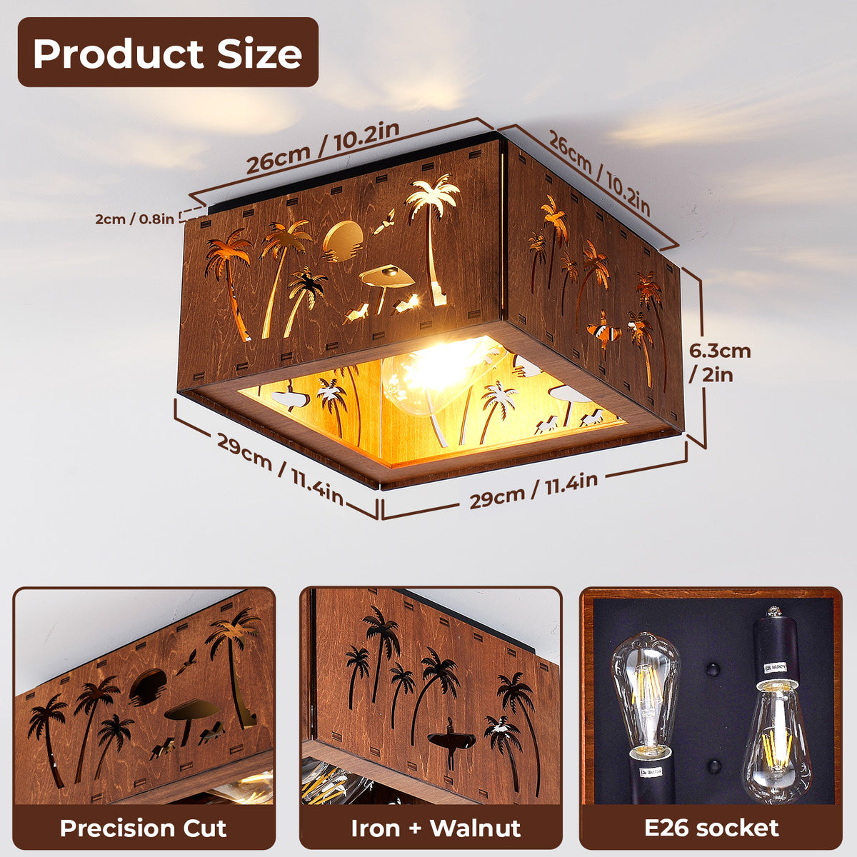 Square Walnut Flush Mount Ceiling Light, Tropical Palm Tree Cutout Wood Iron Ceiling Lamp with E26 Socket, Vintage Rustic Ceiling Light for Bedroom Hallway