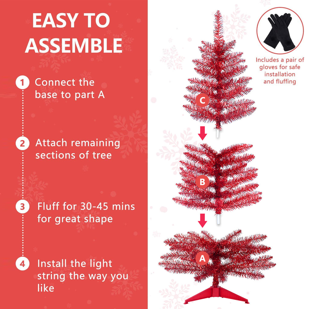 4 FT Red Christmas Tree with 50 Pre-strung UL Lights, 122 Tips Hinged Artificial Holiday Tree with Plastic Stand for Indoor Home Decor.
