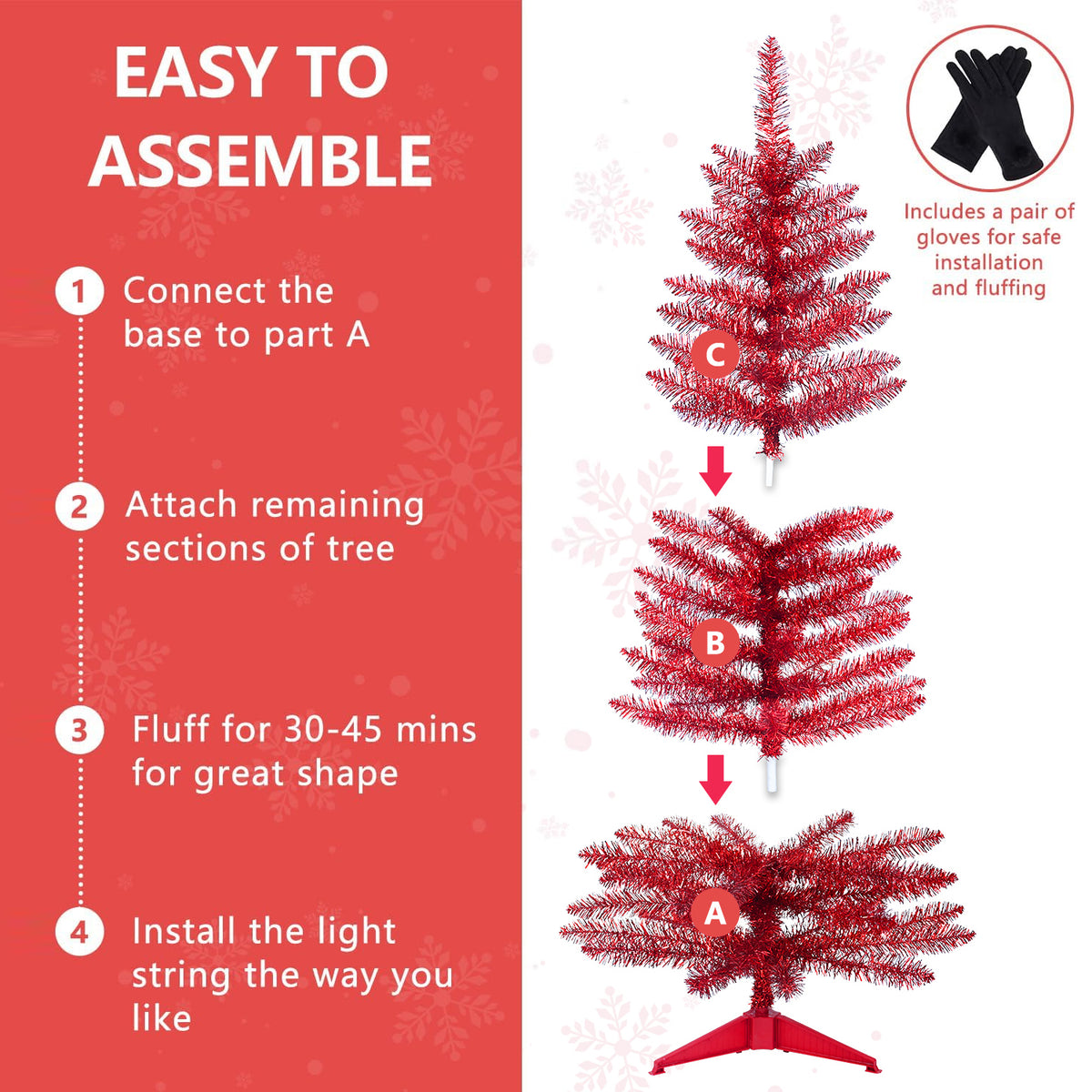 4 FT Red Christmas Tree with 50 Pre-strung UL Lights, 122 Tips Hinged Artificial Holiday Tree with Plastic Stand for Indoor Home Decor.