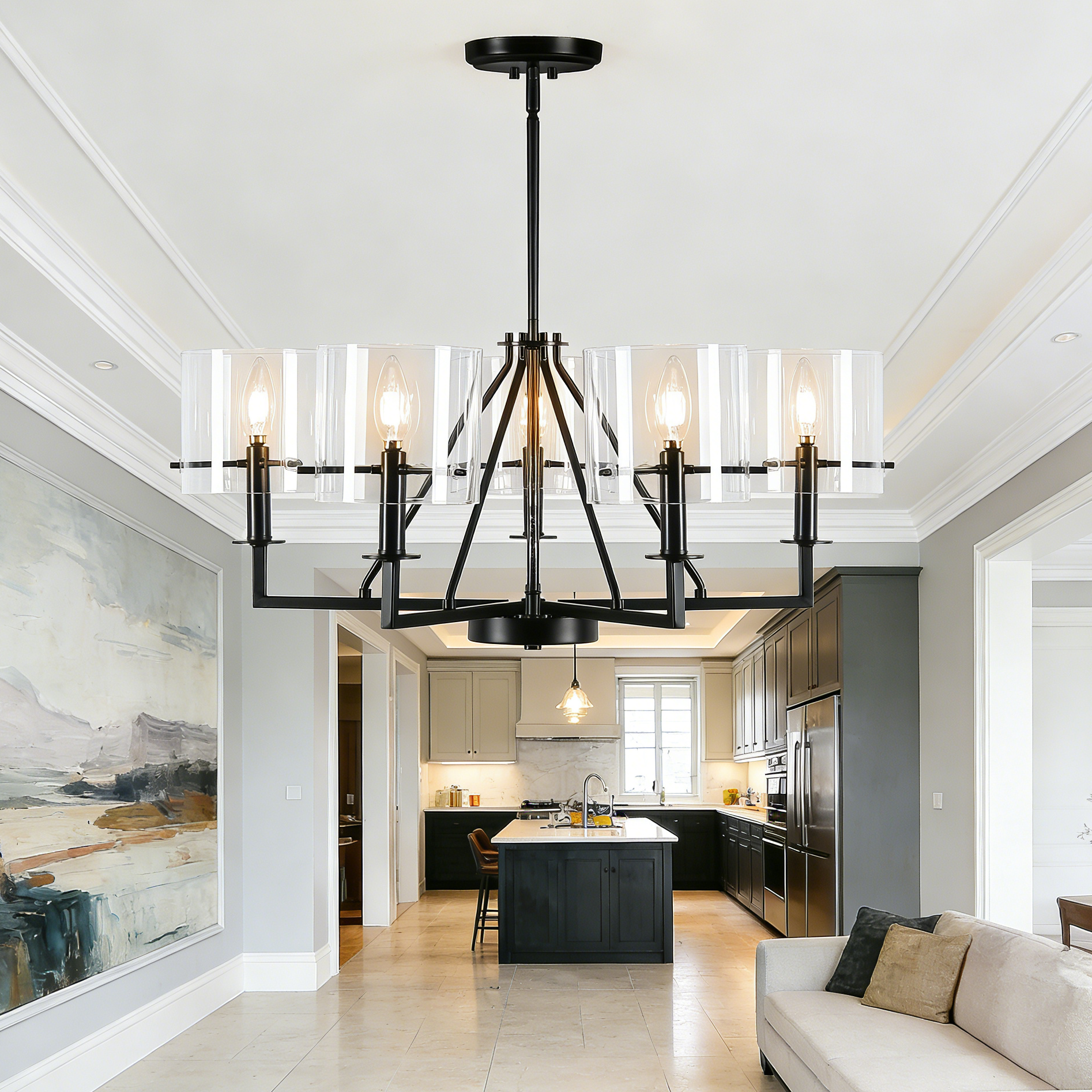 5-Light Minimalist Pendant Light - Black Metal & Glass Shade, E12 Bulb Compatible, Height Adjustable - Ideal for Kitchen Island, Bedroom, Dining & Living Room