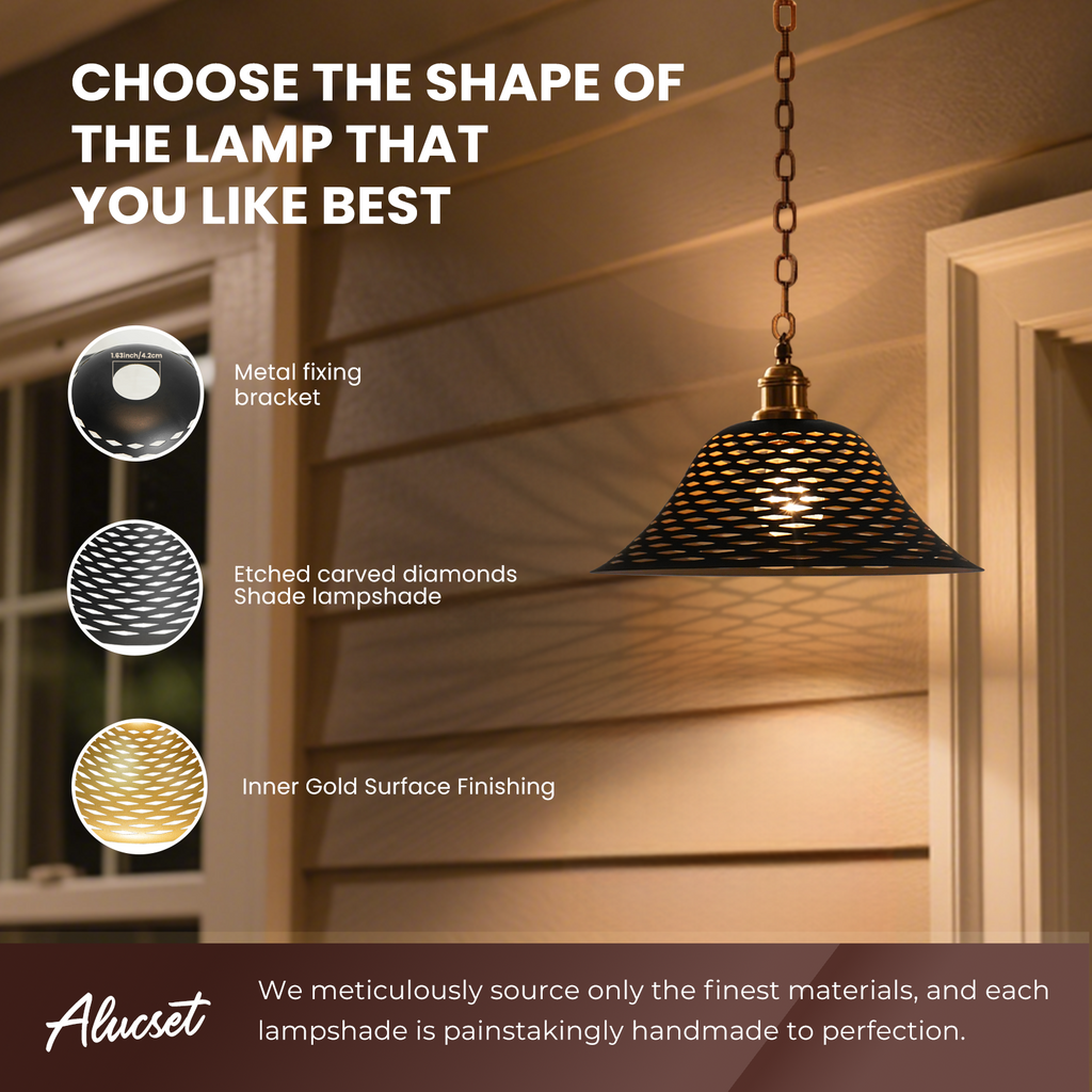 ALUCSET Set of 2 Metal Lamp Shades, Black Gold Etched Lozenge Design, 1.65" Fitter for Floor & Table Lamps, 12"W x 5"H