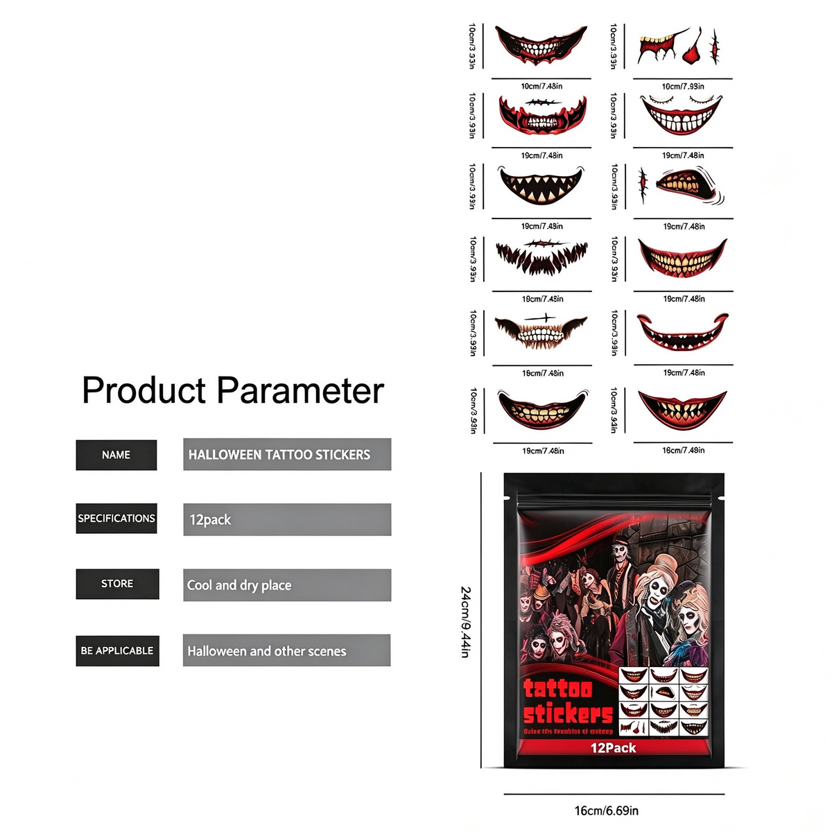 AEELLEEA Halloween Mouth Temporary Tattoos, 12 Pack Scary Clown Joker Face Tattoo Stickers for Cosplay Party Makeup