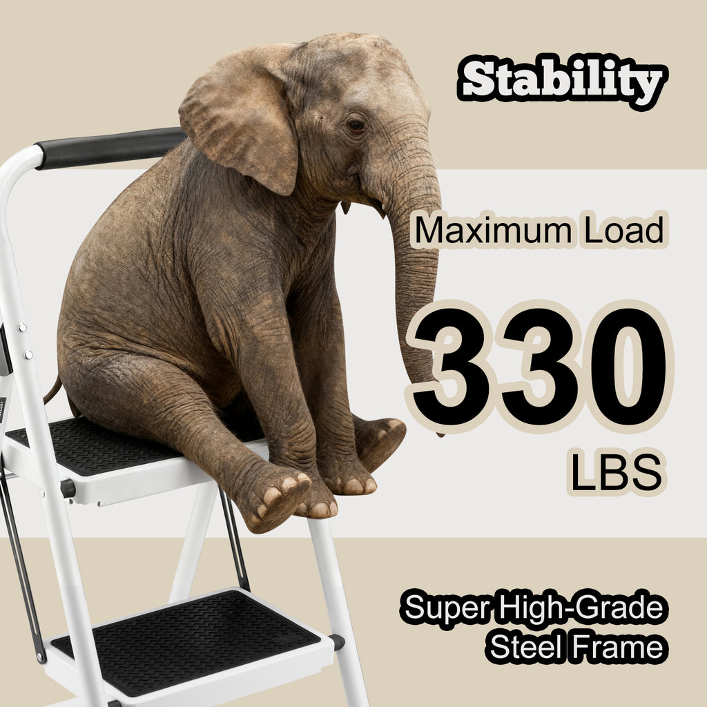2 Step Ladder, Folding Step Stool with Anti-Slip and Wide Pedal, Lightweight Stepladder with Handrails, Portable for Kitchen, Household, 330LBS, White