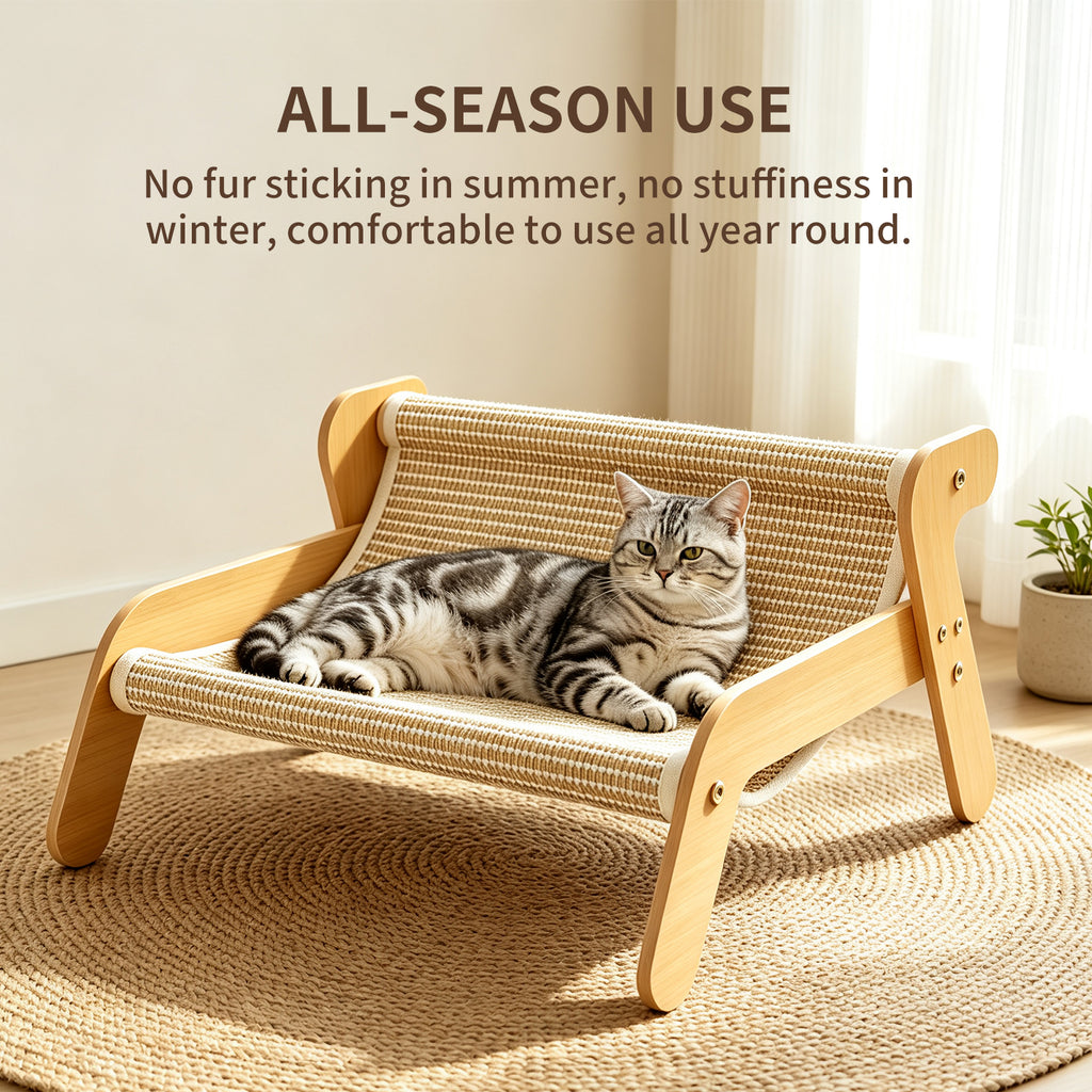Sisal Cat Scratcher Couch, Wooden Frame Cat Lounger, Scratching Board Furniture for Indoor Cats