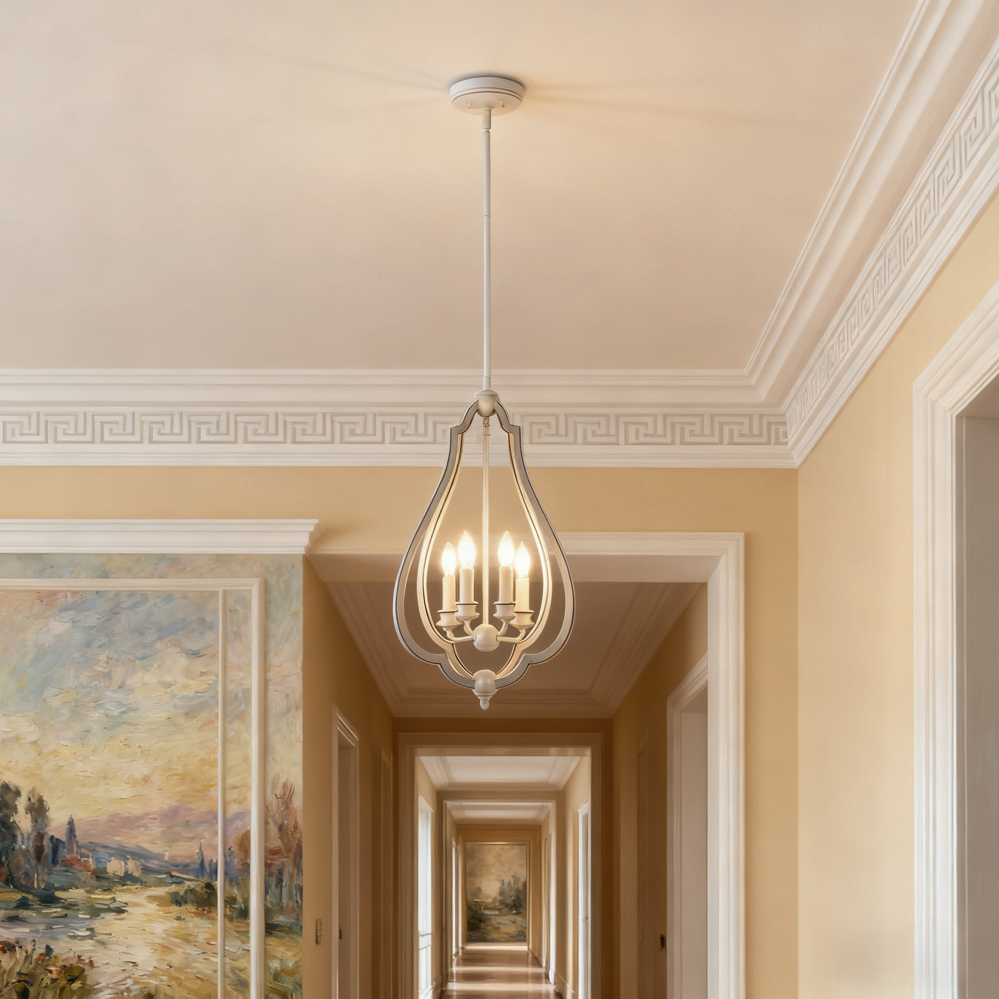 4-Light White Bud-Shaped Pendant Light - Vintage Metal French Country Style - Ideal for Kitchen Island, Farmhouse, Dining Room, Living Room, Bedroom & Foyer (Bulbs Not Included)