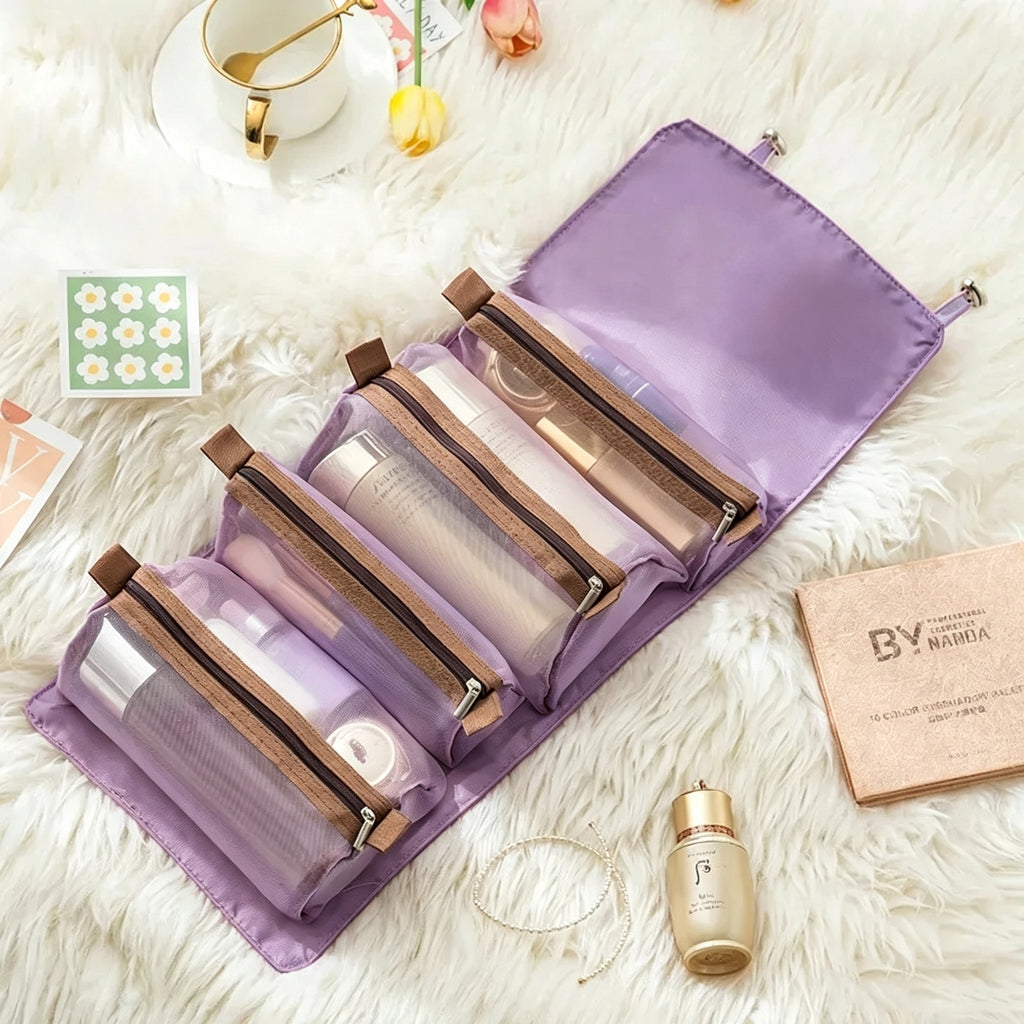 Roll Up Travel Makeup Bag with 4 Detachable Mesh Pouches, Portable Foldable Cosmetic Toiletry Organizer for Vacation & Daily Use