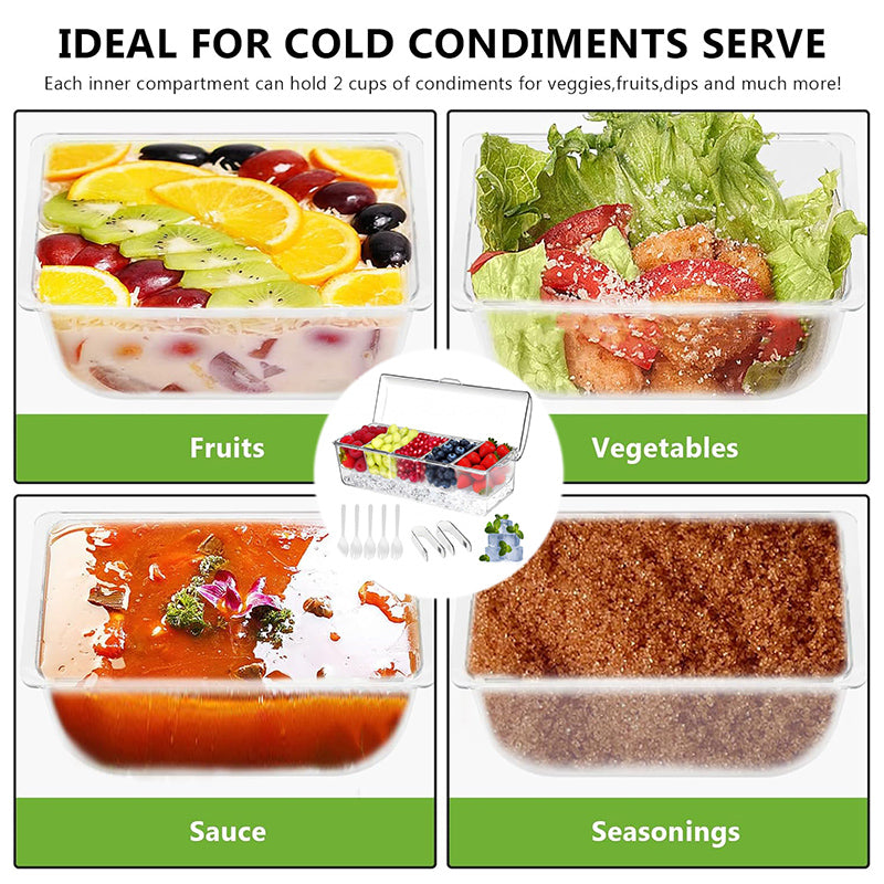 Chilled Condiment Server, condiment tray, bar garnish holder on ice, removable trays, with lid, stainless steel spoons forks clip, bar accessories, fruit salad storage