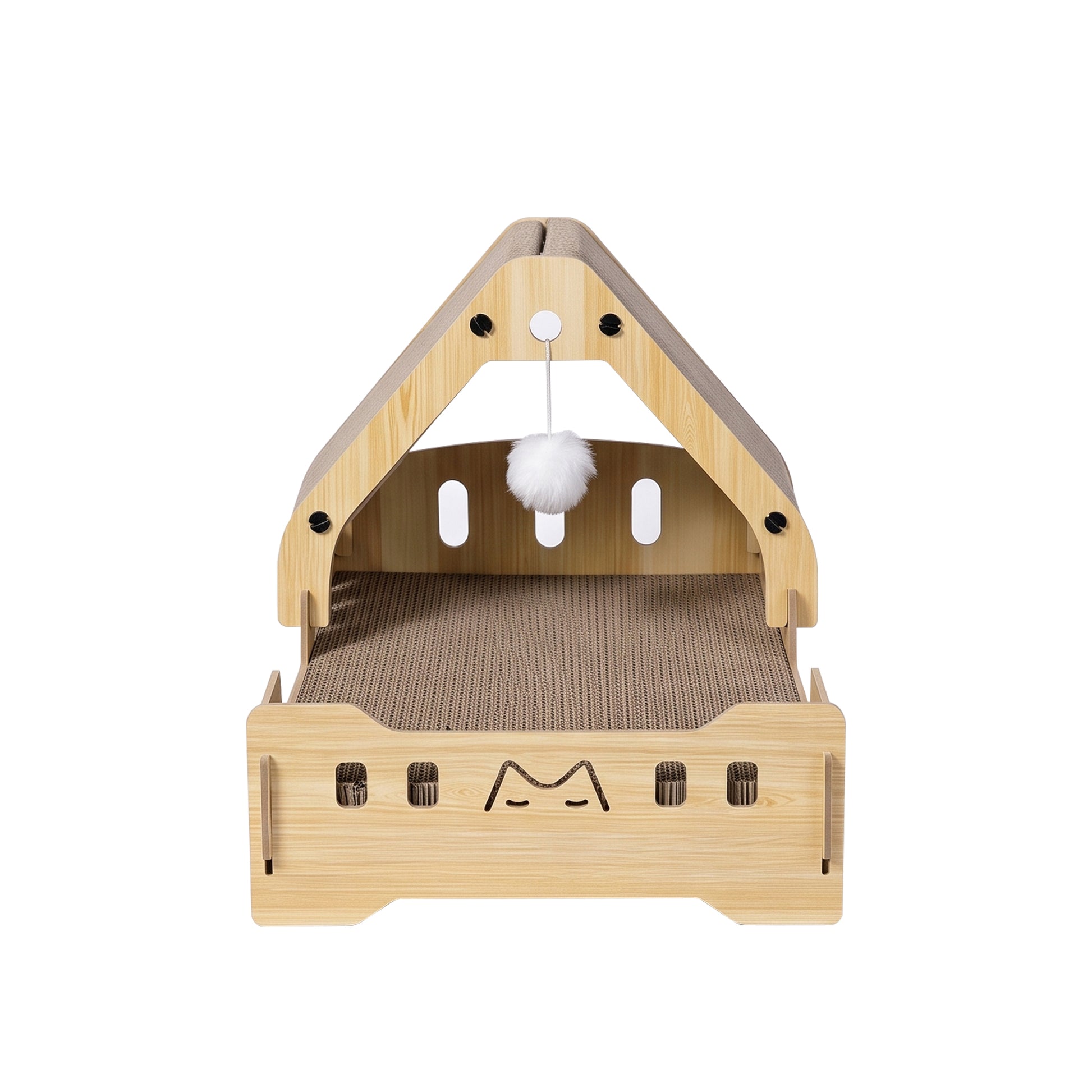 Cat Scratcher Bed, 3‑In‑1 Vertical Curved Cat Scratch Pad With Solid Wood Frame & Hanging Pom‑Pom Toy For Indoor Cats
