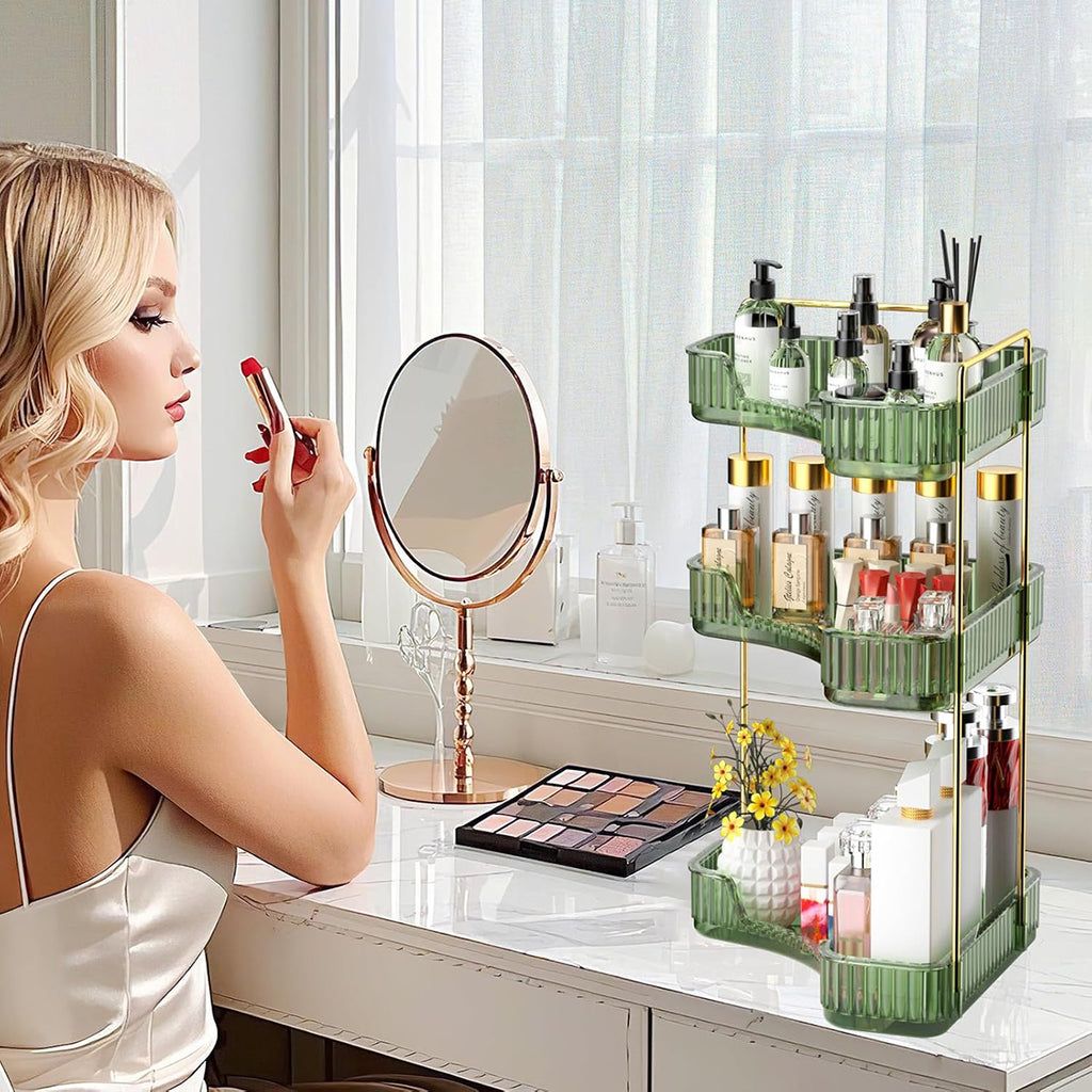 3 Tier Corner Bathroom Counter Organizer, Vanity Makeup & Perfume Storage Shelf, Countertop Skincare Display Stand Holder for Women, Green