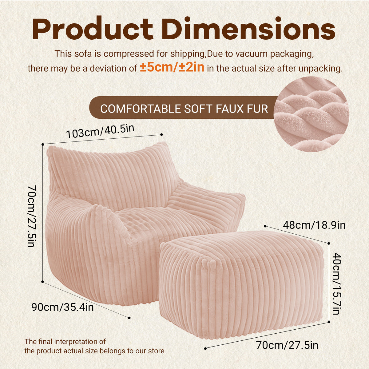 AEELLEEA Pink Striped Faux Fur Bean Bag Chair with Ottoman, Crushed Sponge Lazy Sofa, Oversized Accent Chair for Bedroom Living Room