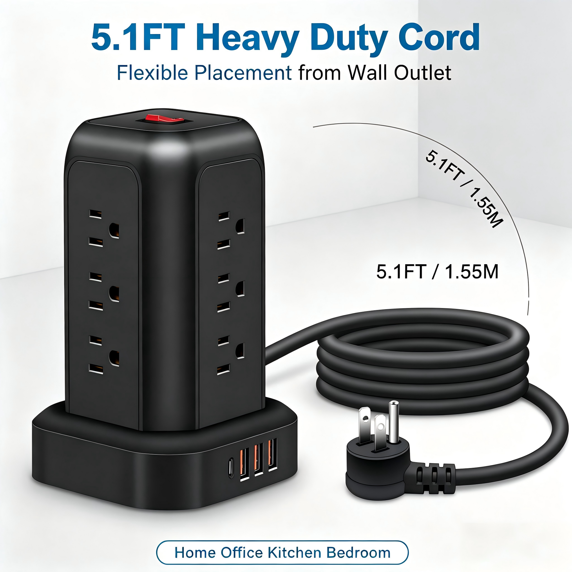 Power Strip Tower Surge Protector,16‑in‑1,12 AC Outlets,4 USB Ports(1 USB‑C),5.1FT Heavy‑Duty Cord,Overload Protection for Home Office