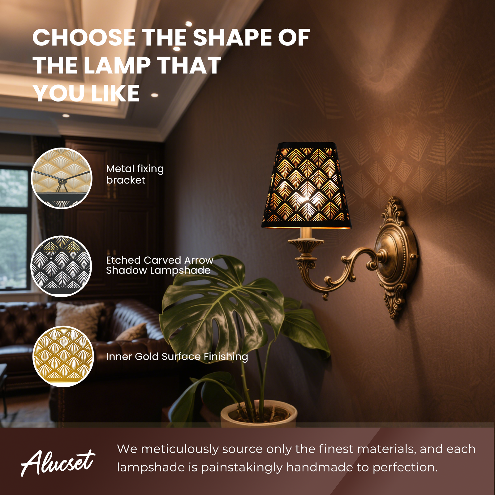 "Set of 2 Square Metal Lamp Shades with Etched Arrow Design, Black & Gold Finish, 3.55 x 5.6 Inches for Table or Floor Lamps"