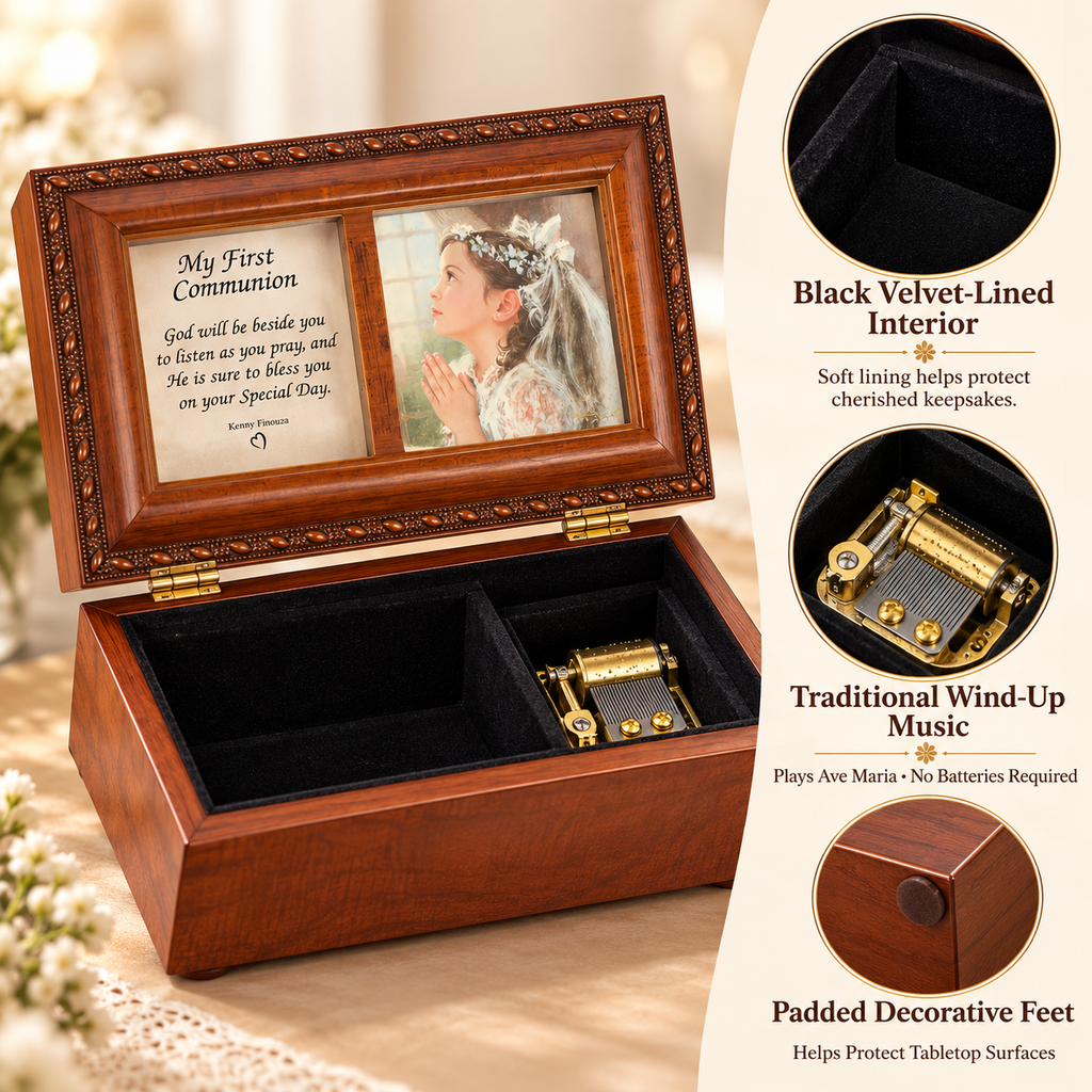 First Communion Music Box Keepsake with Double Photo Frame, Velvet-Lined Storage, Wind-Up Ave Maria, Brown