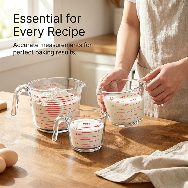 3-Piece Glass Measuring Cups Set, 8 oz 16 oz & 32 oz Liquid Measuring Cups, Clear Glass with Easy-Read Markings, Dishwasher, Oven & Microwave Safe