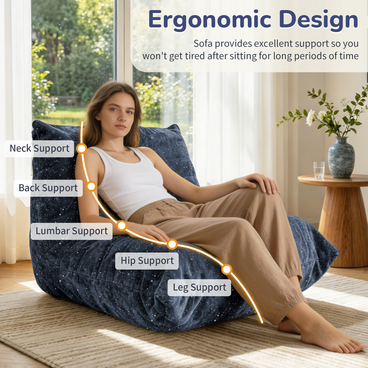 AEELLEEA Navy Blue Sparkling Chenille Bean Bag Chair, Ergonomic Lazy Sofa with Removable Cover & Anti-Slip Base
