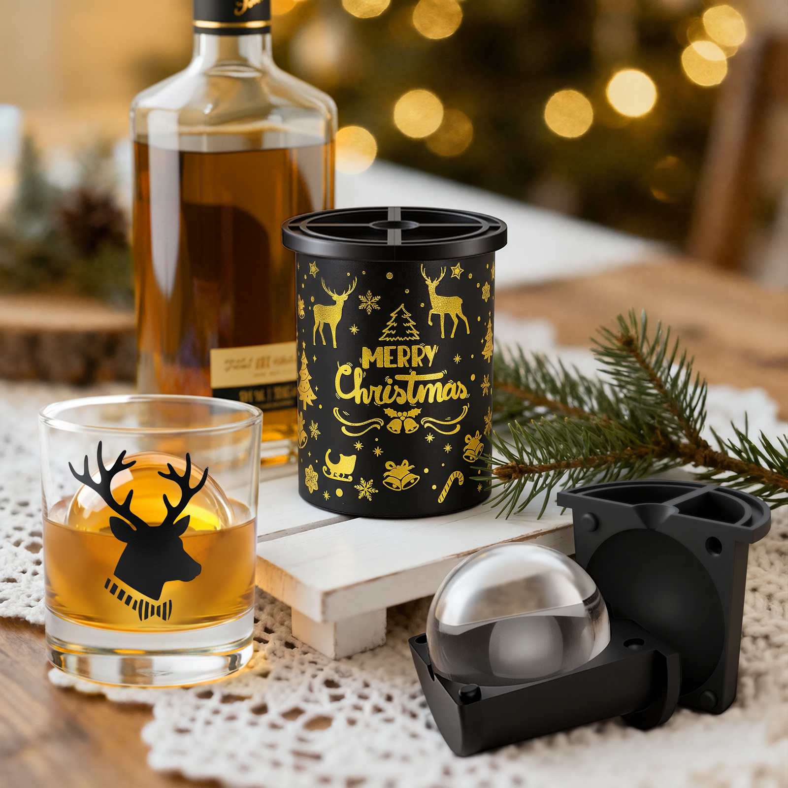 2.5 Inch Stainless Steel Clear Ice Ball Maker Set, Food Grade Silicone Ice Sphere Mold for Whiskey Bourbon Cocktails, Christmas Holiday Gift Box for Men Home Bar