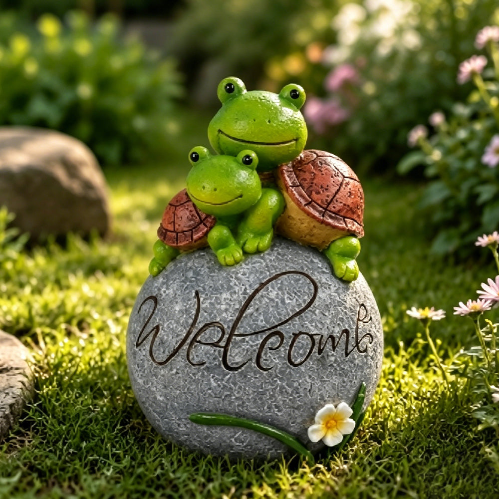 Two Welcome Turtle Statues on Rock, Resin Garden Lawn Ornament, Outdoor Sculpture Decor for Yard, Patio & Lawn, 8 x 5.5 Inches
