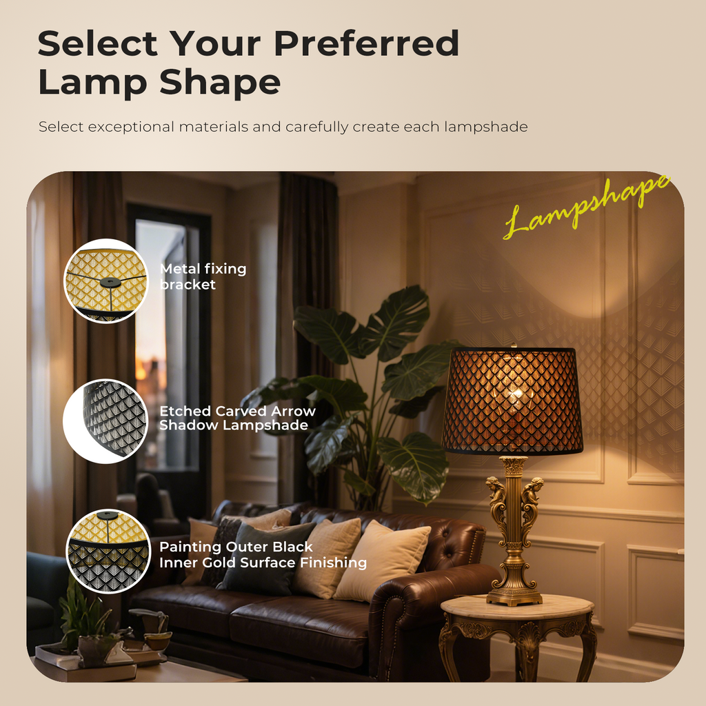 Arrow Etched Drum Lamp Shade in Metal, Large 12”x14”x10” Size for Table & Floor Lamps
