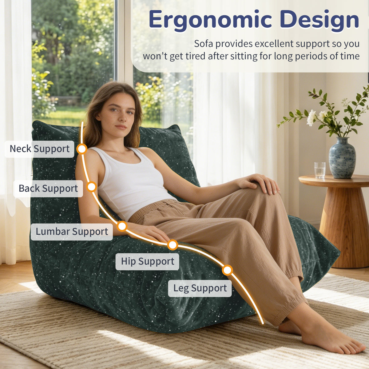 AEELLEEA Dark Green Sparkling Chenille Bean Bag Chair, Ergonomic Lazy Sofa with Removable Cover & Anti-Slip Base