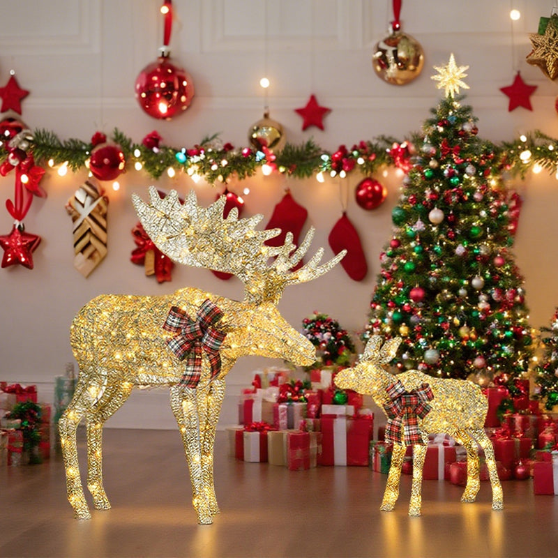 2‑Piece Lighted Christmas Deer Family, Pre‑lit Glittered Standing Ornaments with Stakes Included, Outdoor Yard & Home Holiday Decoration