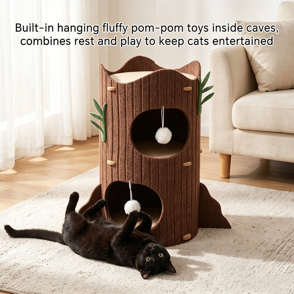 2-Tier Felt Cat House for Indoor Cats, Foldable Cat Bed Cave with Hanging Toy Ball, Scratch-Resistant Hideaway for Play & Sleep