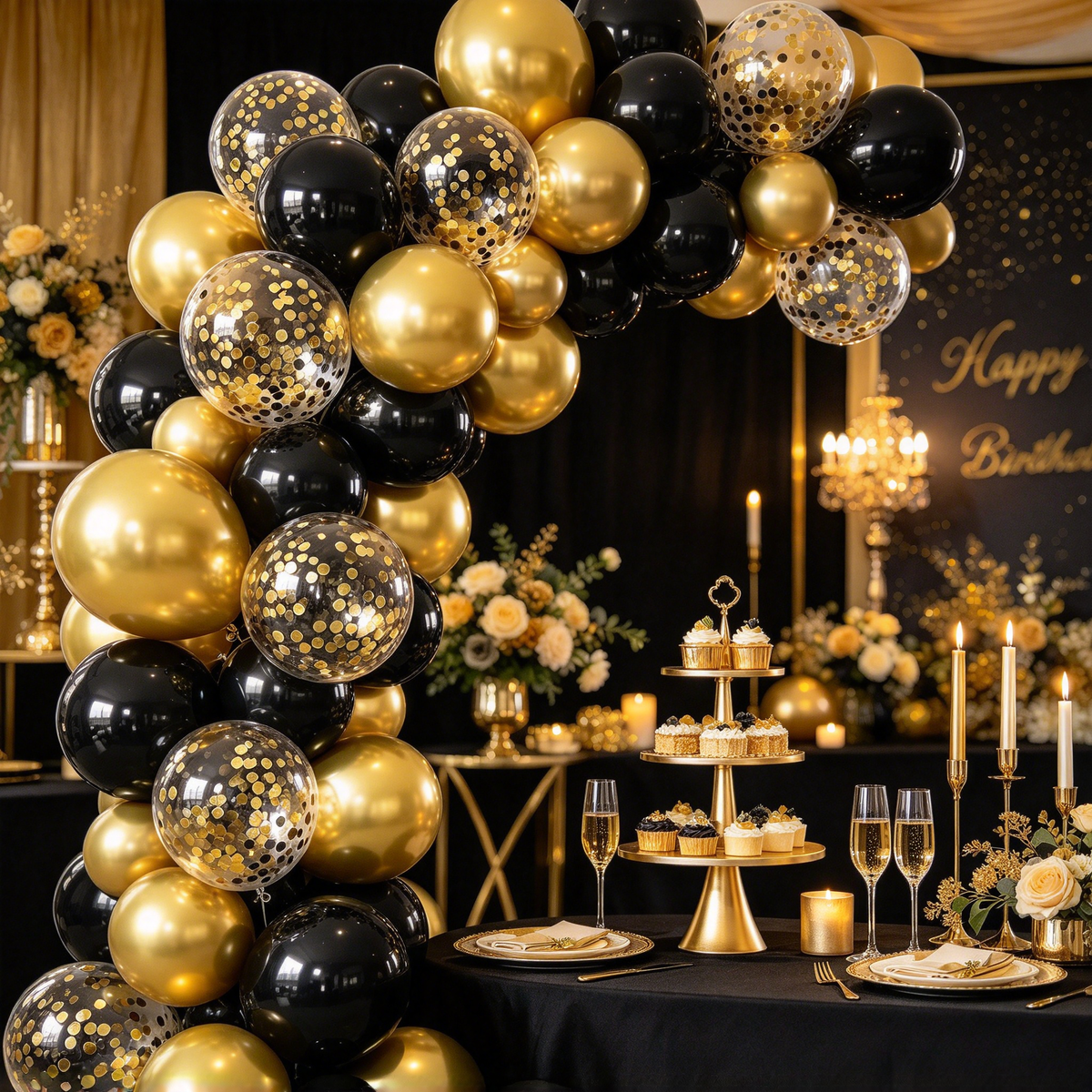 50‑Pack 12 Inch Black & Gold Latex Balloons, Metallic & Confetti Thickened Balloon Set for Birthday, Wedding, New Year Retirement Party Decorations