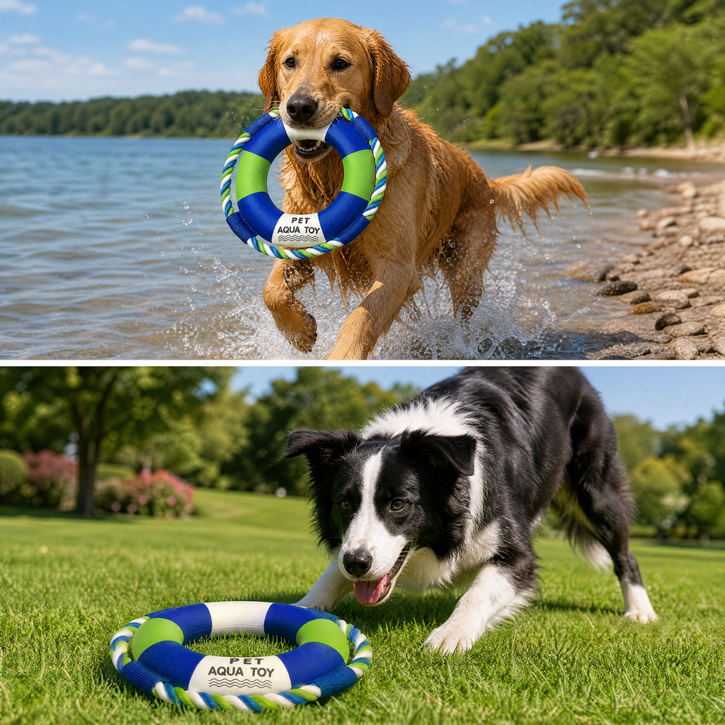 Floating Dog Water Toy, Life Preserver Shape Dog Toy with Rope Handles, Waterproof Interactive Tug Fetch Toy for Swimming Pool Lake Beach, Outdoor Pet Toy for Medium Large Dogs