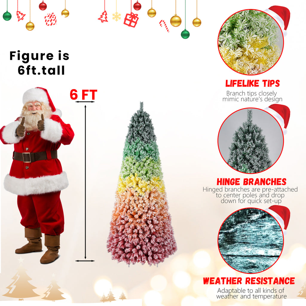 6FT/7.5FT Rainbow Gradient Christmas Tree, Snow Flocked Artificial Xmas Tree with Metal Stand for Holiday Decoration