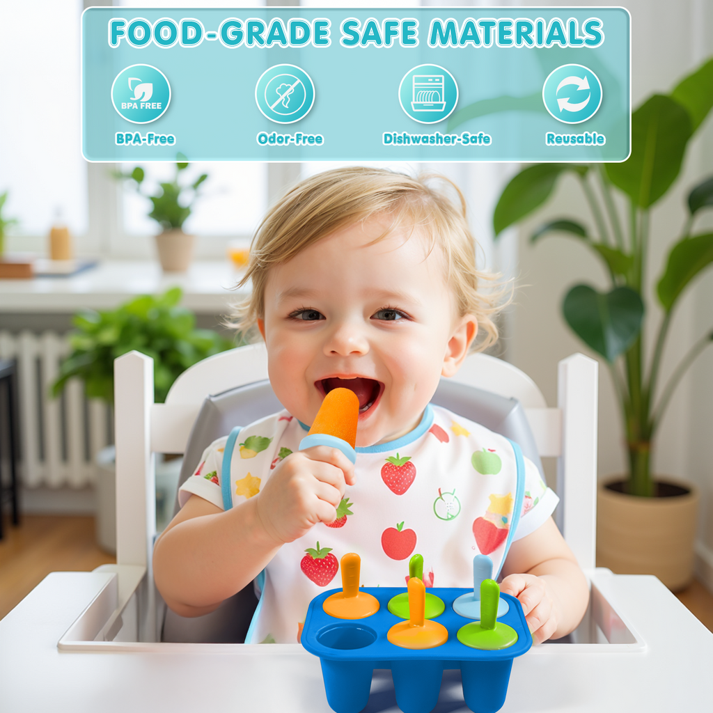 6 Cavity Silicone Popsicle Molds for Toddlers, BPA-Free Reusable Ice Pop Molds with Colorful Sticks, Easy Demold DIY Frozen Treat Molds for Juice, Yogurt and Fruit Puree