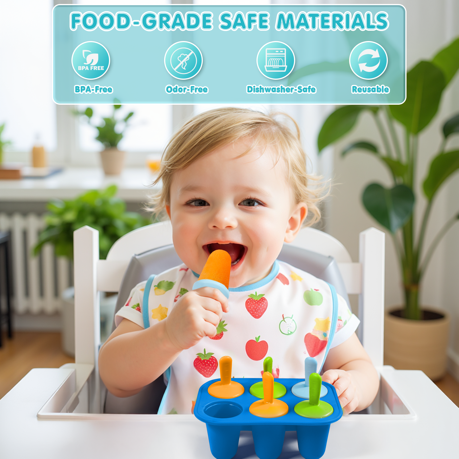 6 Cavity Silicone Popsicle Molds for Toddlers, BPA-Free Reusable Ice Pop Molds with Colorful Sticks, Easy Demold DIY Frozen Treat Molds for Juice, Yogurt and Fruit Puree