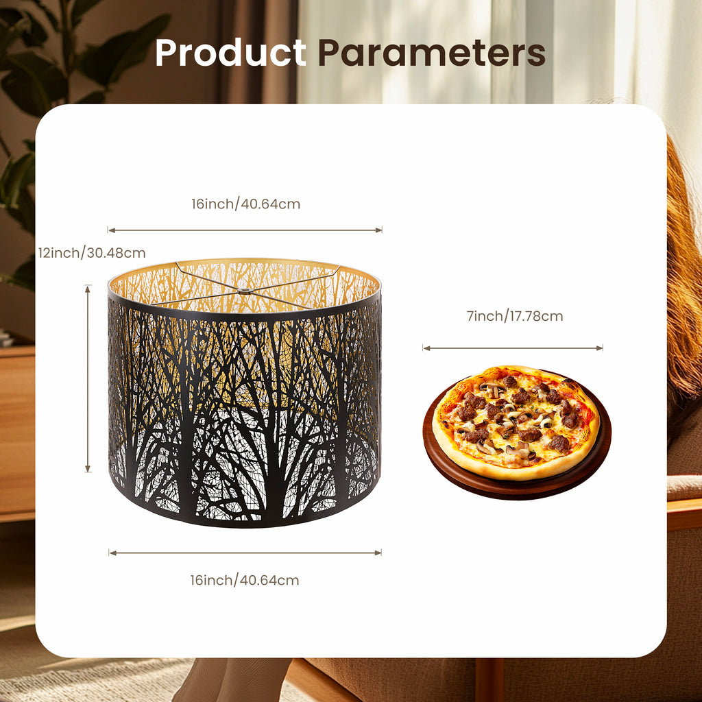 ALUCSET 16"×12" Drum Metal Lamp Shade, Black Gold Forest Etched Tree Shadow Lampshade with Spider Fitter for Table, Floor & Pendant Lights