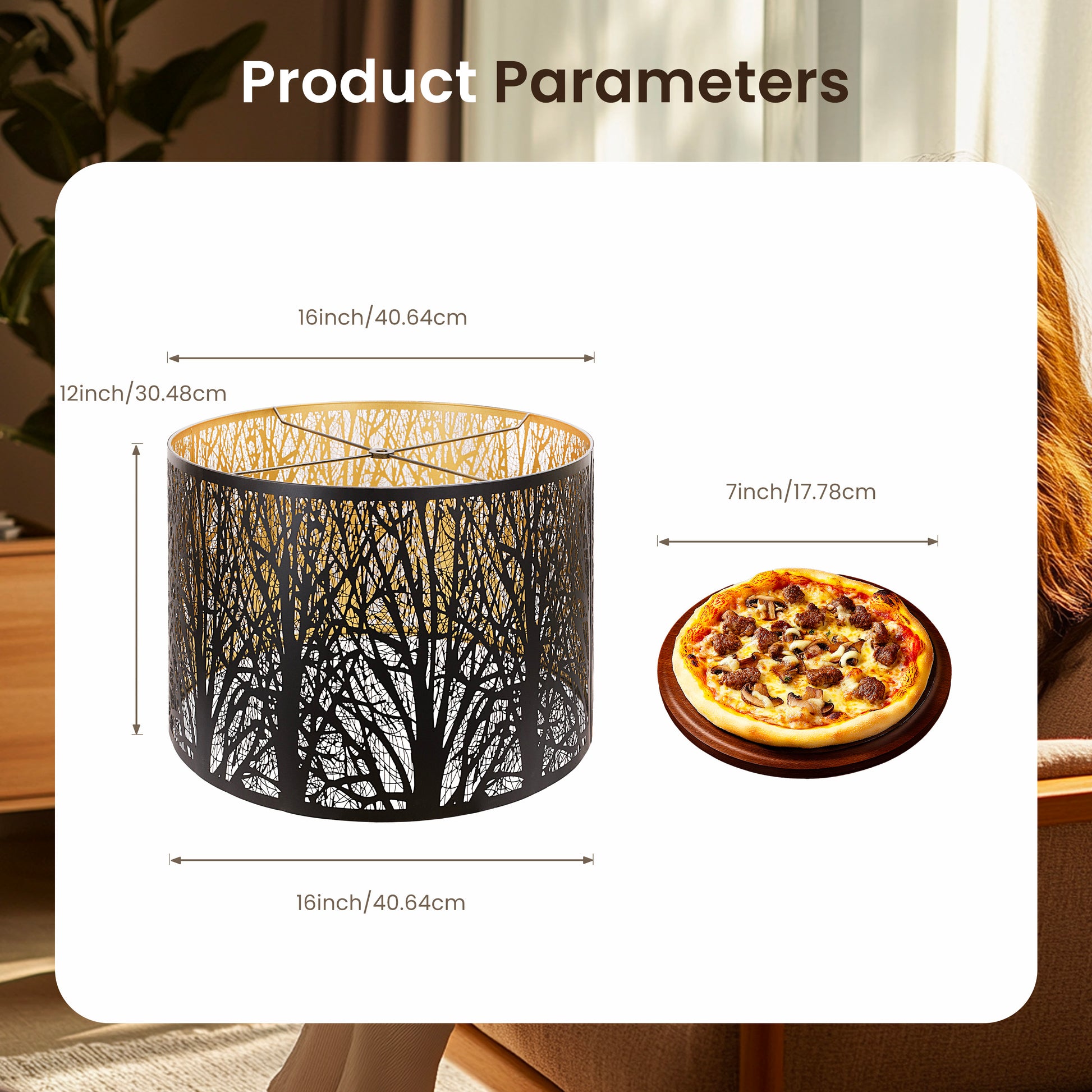 ALUCSET 16"×12" Drum Metal Lamp Shade, Black Gold Forest Etched Tree Shadow Lampshade with Spider Fitter for Table, Floor & Pendant Lights