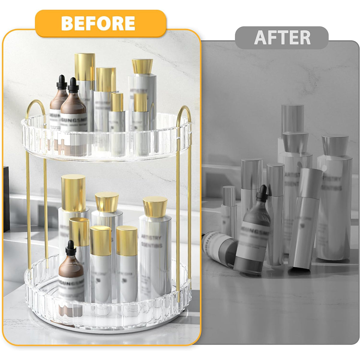 360 Rotating Lazy Susan Makeup Organizer, 2 Tiers Clear White High Capacity Cosmetic Storage for Vanity, Bathroom Countertop, Dresser, Skincare & Perfume Holder