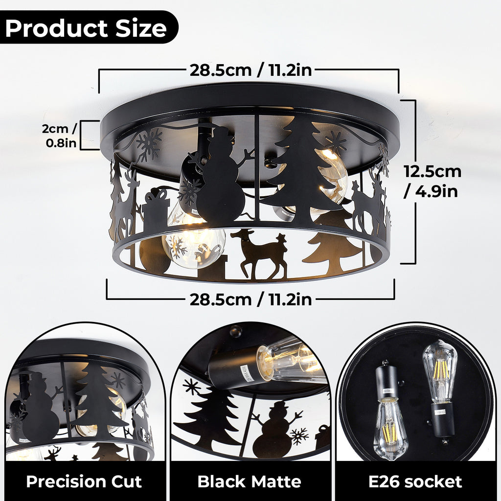 2 Pack Round Matte Black Flush Mount Ceiling Light, Christmas Snowman Deer Tree Cutout Iron Lamp, Vintage E26 Ceiling Light for Bedroom Hallway
