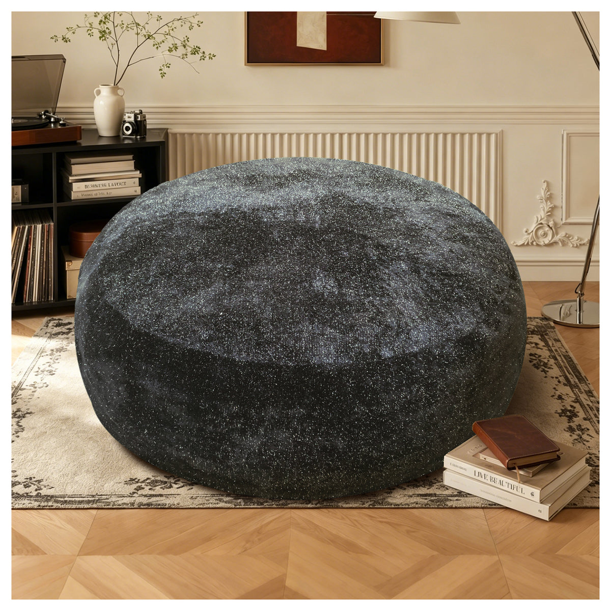 AEELLEEA 6FT Grey Silver Speck Plush Bean Bag Chair, Oversized Round High Density Sponge Beanbag, Removable Zipper Cover for Home Lounge