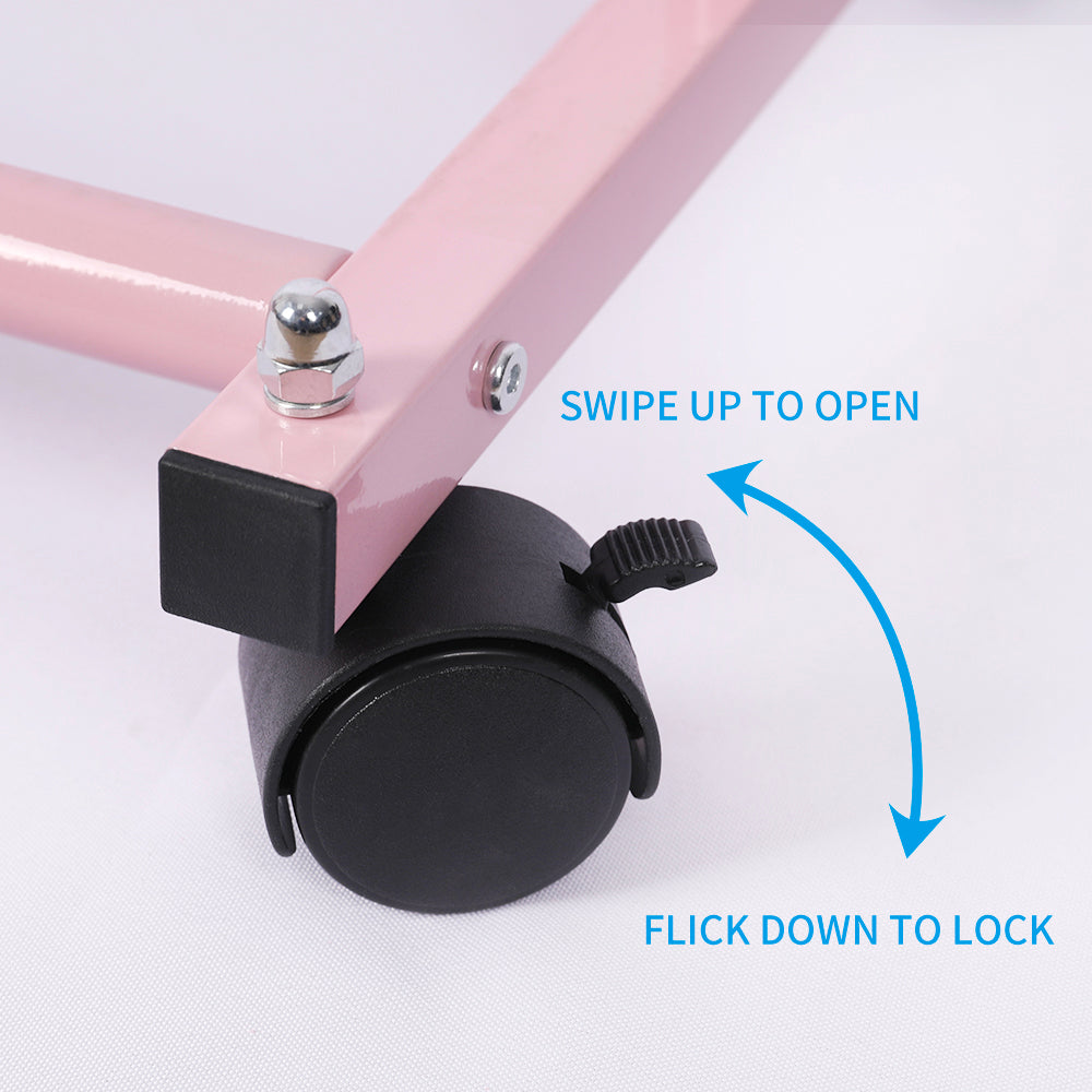 Pink Double Rod Garment Rack with Wheels, Heavy Duty Metal Clothes Rack Holds Up to 200 lbs, Adjustable Clothing Rack with Bottom Shelf and Side Hooks