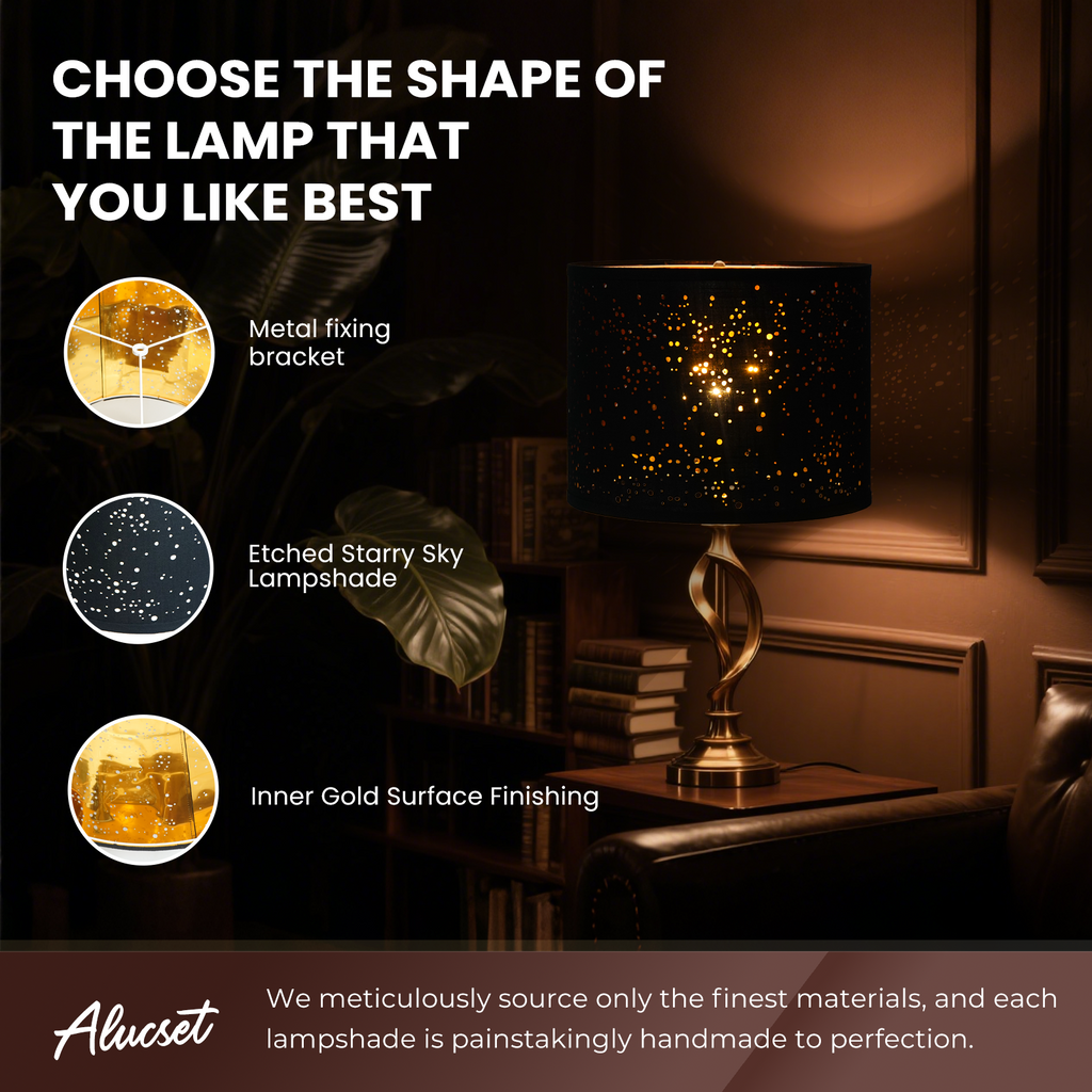 ALUCSET 2-Pack 15"×12" Black Starry Sky Drum Lamp Shades, Spider Fitter with Harp Included, Gold Inner Lining