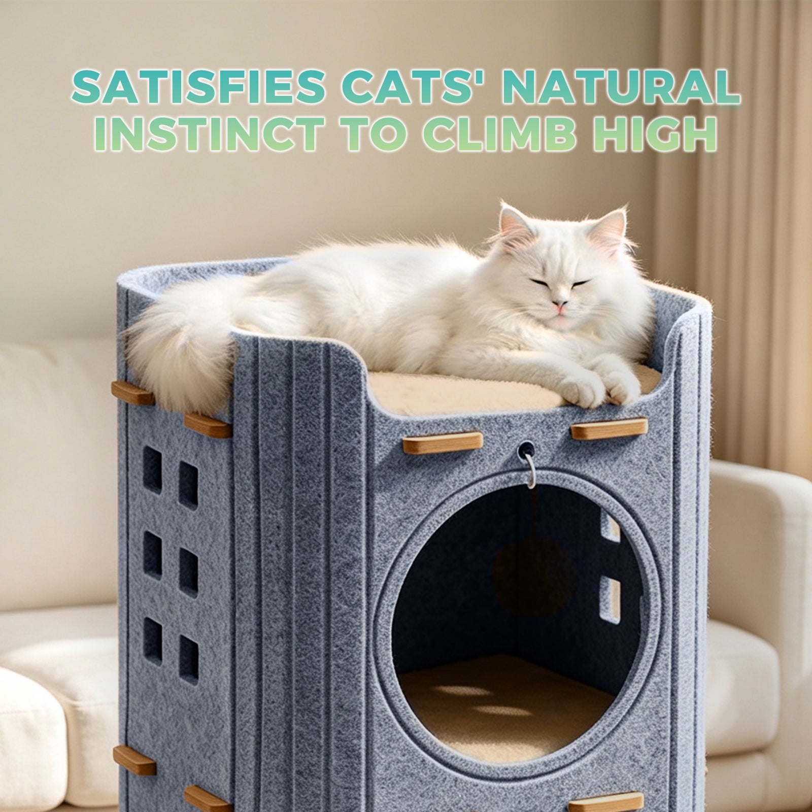 23.62 Inch 2-Storey Felt Cat Bed Cave, Large Covered Tunnel Hideaway, Scratch Resistant Cozy Indoor Condo for Multi Cats, Dark Grey