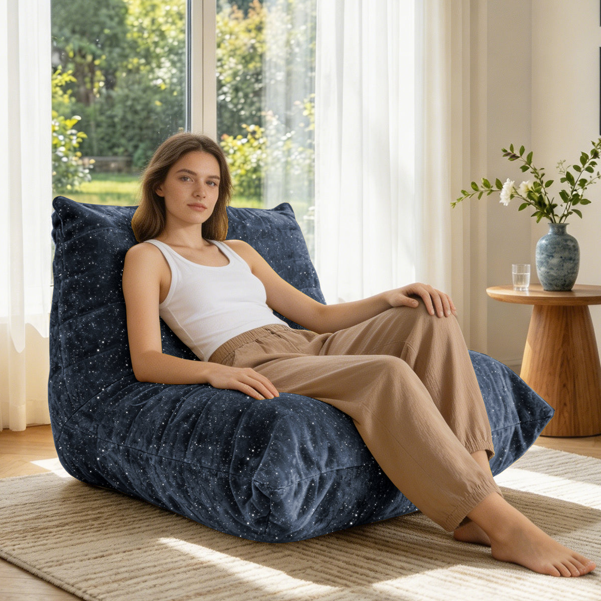 AEELLEEA Navy Blue Sparkling Chenille Bean Bag Chair, Ergonomic Lazy Sofa with Removable Cover & Anti-Slip Base